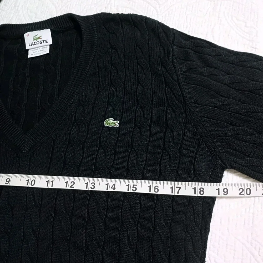 Lacoste Men's V Neck Cable Knit Black Sweater Size 44